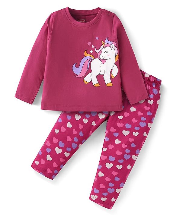 Babyhug Cotton Knit Full Sleeves Night Suit with Unicorn & Heart Print - Dark Pink