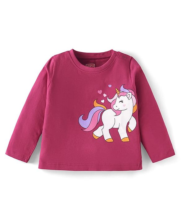 Babyhug Cotton Knit Full Sleeves Night Suit with Unicorn & Heart Print - Dark Pink
