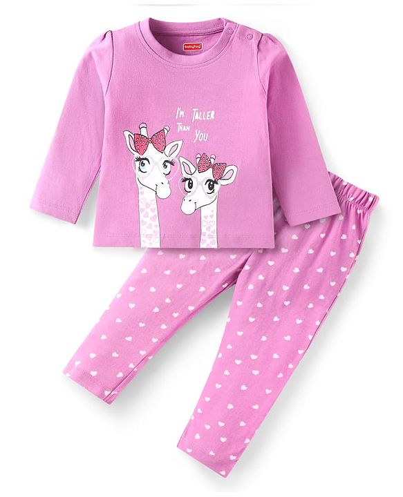 Babyhug Cotton Knit Full Sleeves Night Suit with Giraffe & Heart Print - Lilac