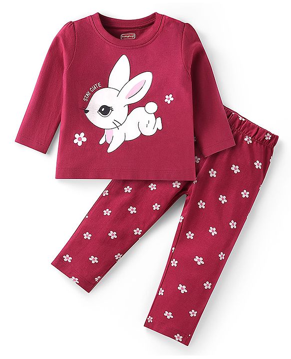 Babyhug Cotton Woven Full Sleeves Floral & Bunny Printed Night Suit - Wine