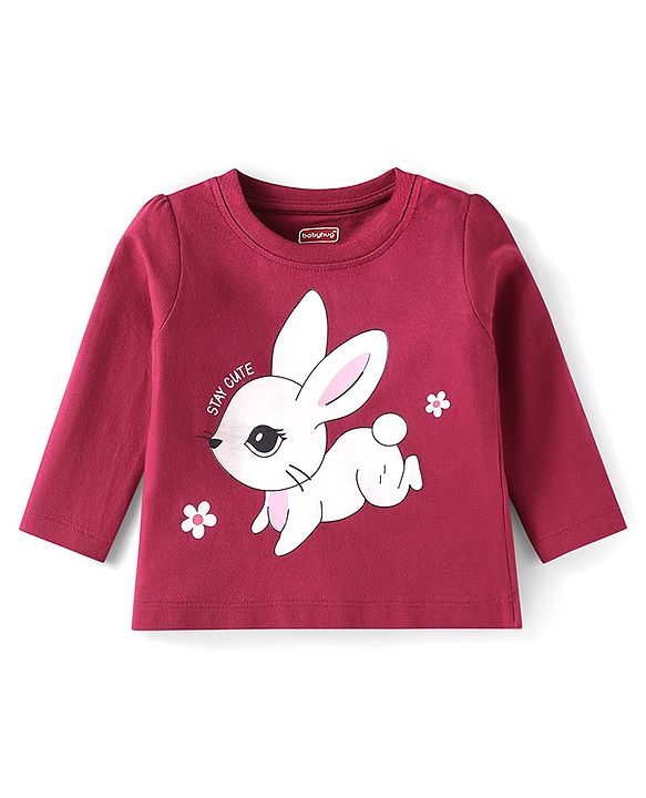 Babyhug Cotton Woven Full Sleeves Floral & Bunny Printed Night Suit - Wine