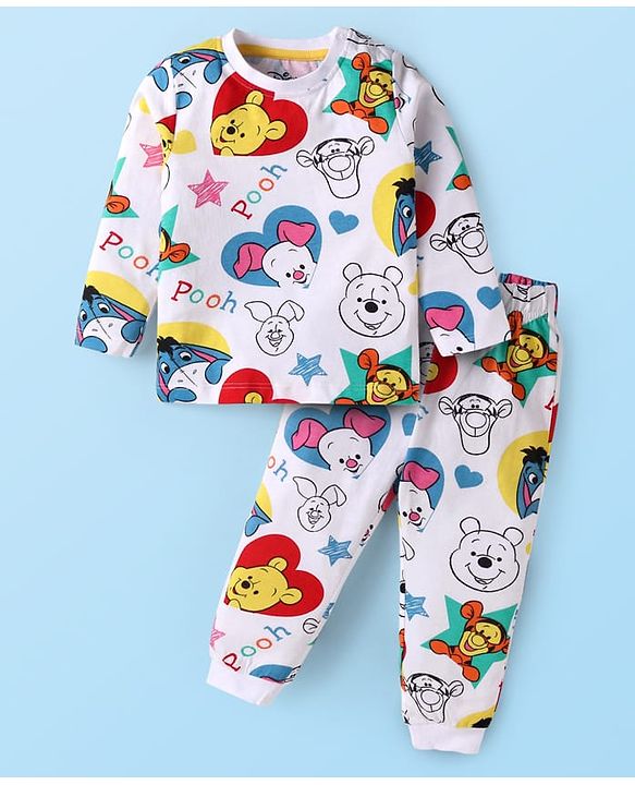 Babyhug Disney Full Sleeves Nightsuit Set With Pooh Graphics - White
