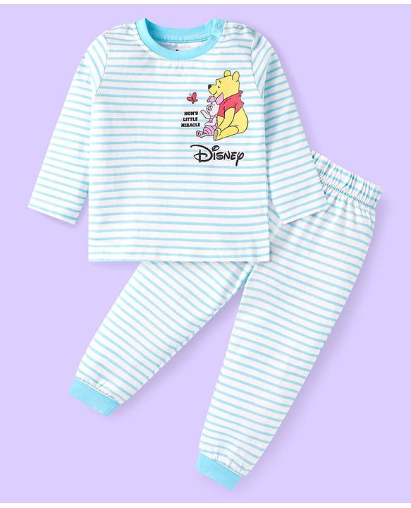 Babyhug Disney Single Jersey Knit Full Sleeves Night Suit Set With Winnie The Pooh Graphic & Stripes - Light Blue