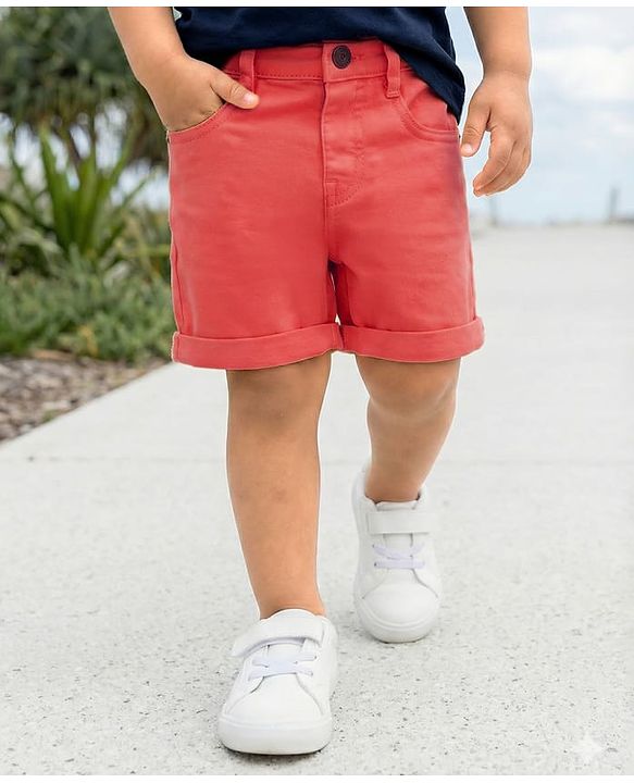 Babyhug Washed Denim Mid Thigh Shorts With Stretch - Coral