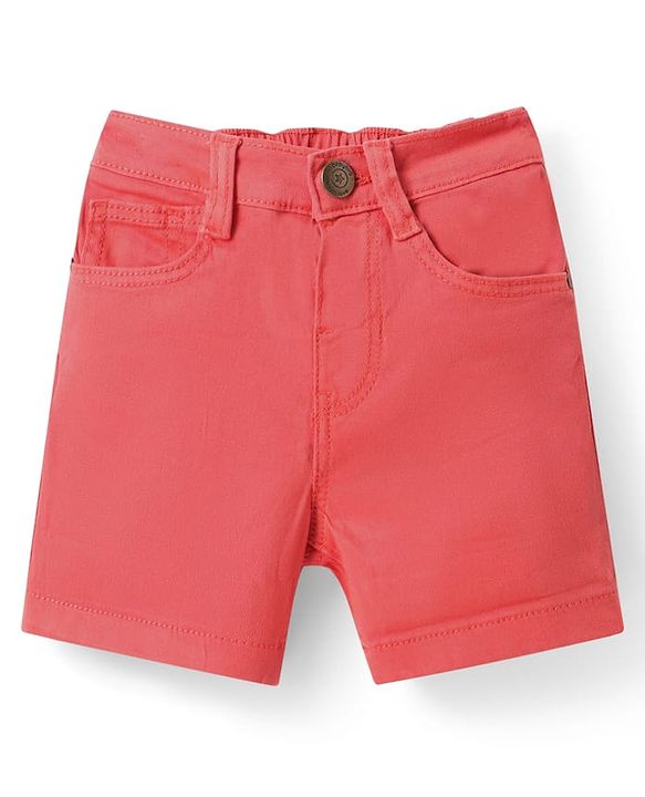 Babyhug Washed Denim Mid Thigh Shorts With Stretch - Coral