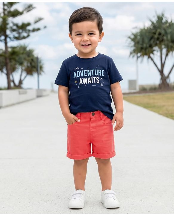 Babyhug Washed Denim Mid Thigh Shorts With Stretch - Coral