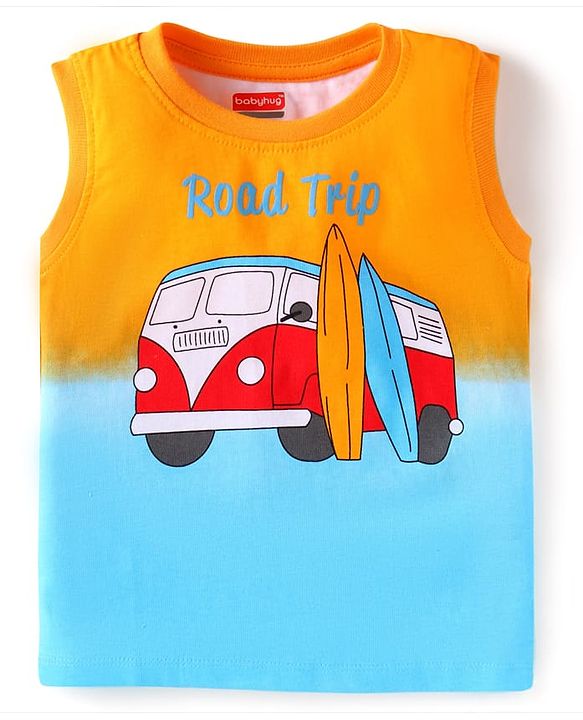 Babyhug Cotton Knit Sleeveless Tank T-Shirt With Vehicle Print - Yellow