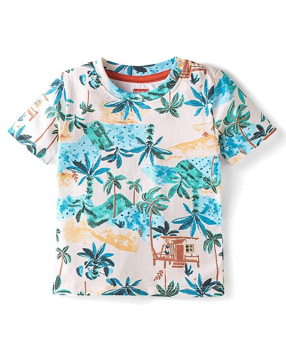 Babyhug Cotton Knit Half Sleeves T-Shirt with Beach Theme Print - White