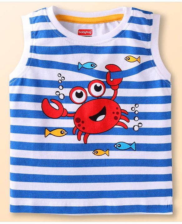 Babyhug Cotton Knit Sleeveless Striped Tank T-Shirt With Crab Print - Navy Blue
