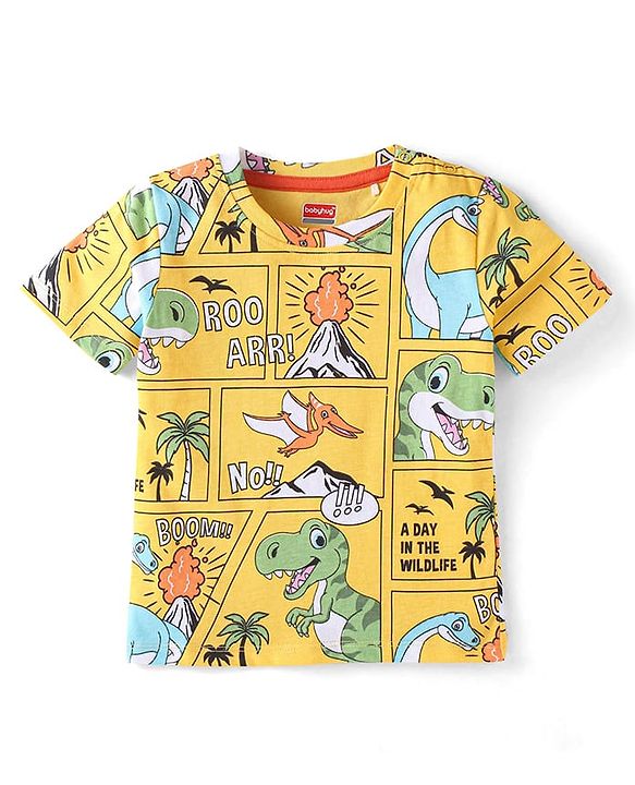 Babyhug Cotton Knit  Half Sleeves T-Shirt with Animal Print - Yellow