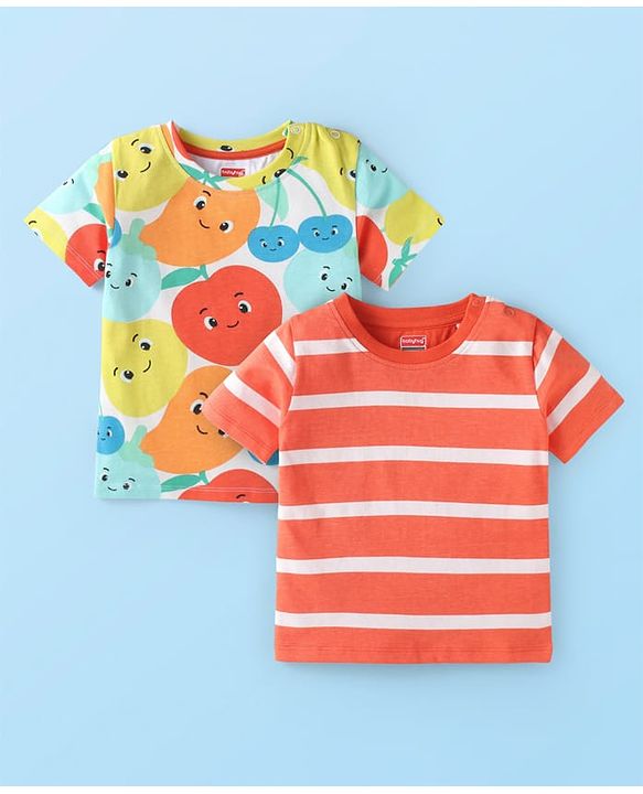 Babyhug Cotton Knit Half Sleeves T-Shirts With Fruit Print Pack of 2 - Red & White