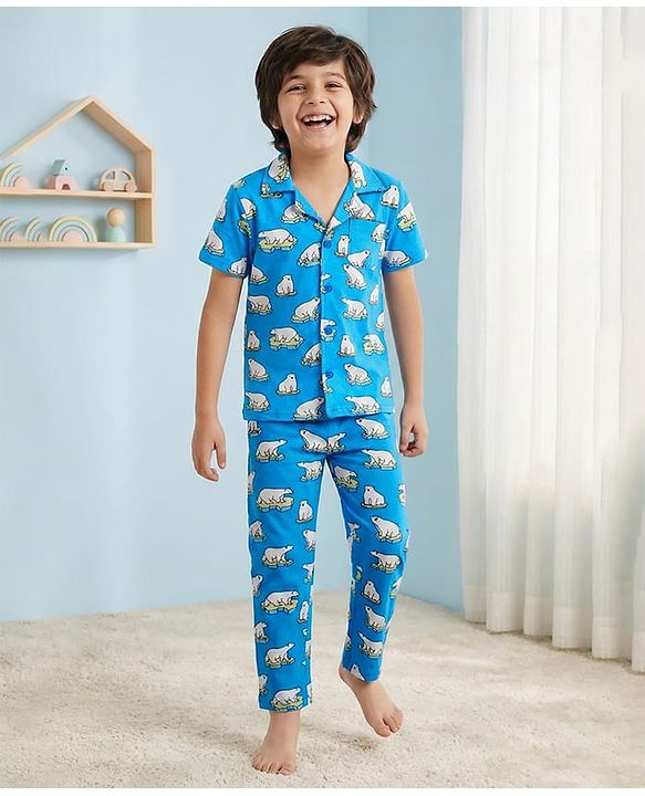 Pine Kids Single Jersey Knit Half Sleeves Night Suit Polar Bear Print - Blue