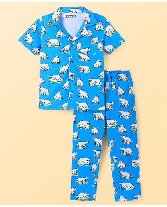 Pine Kids Single Jersey Knit Half Sleeves Night Suit Polar Bear Print - Blue
