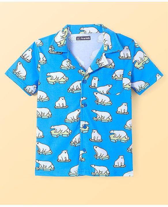 Pine Kids Single Jersey Knit Half Sleeves Night Suit Polar Bear Print - Blue