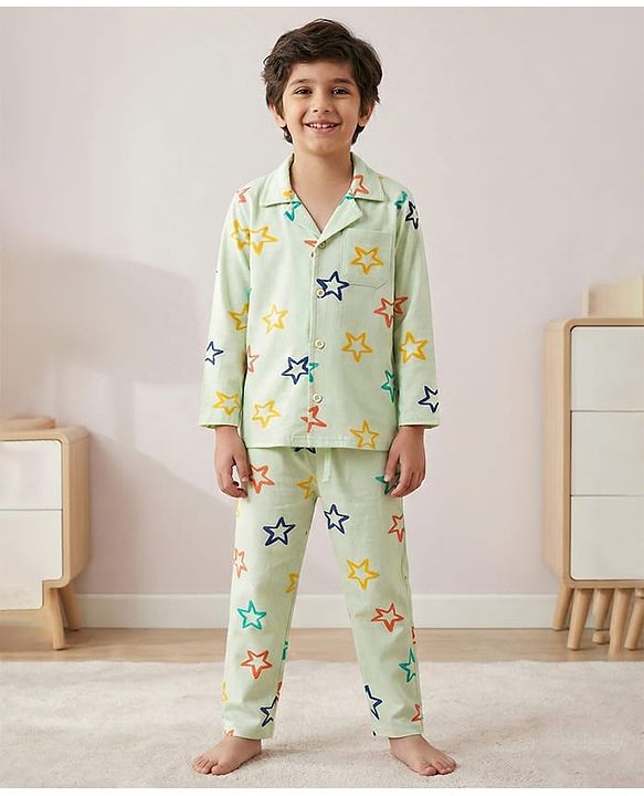 Pine Kids Single Jersey Knit Full Sleeves Front Open Night Suit Star Print - Sea Green