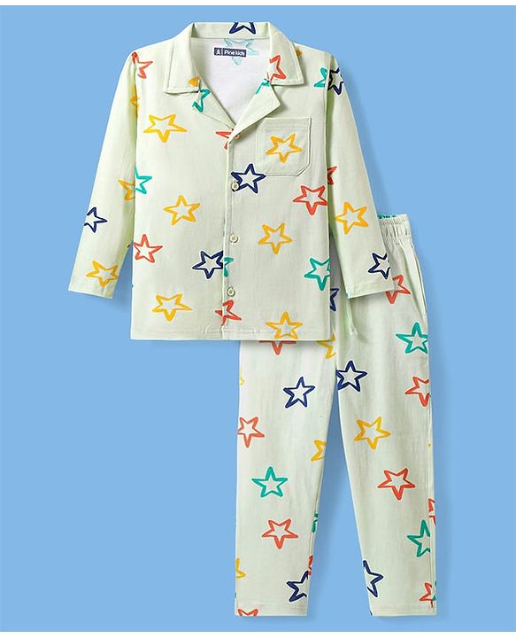 Pine Kids Single Jersey Knit Full Sleeves Front Open Night Suit Star Print - Sea Green