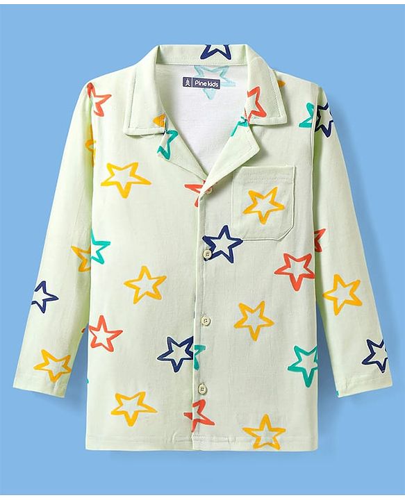 Pine Kids Single Jersey Knit Full Sleeves Front Open Night Suit Star Print - Sea Green