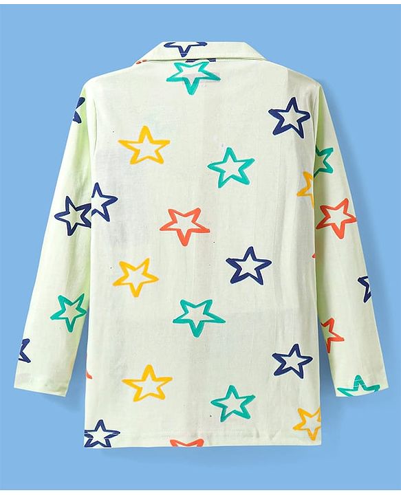 Pine Kids Single Jersey Knit Full Sleeves Front Open Night Suit Star Print - Sea Green