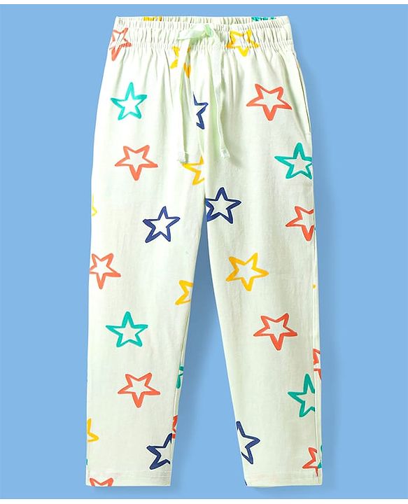 Pine Kids Single Jersey Knit Full Sleeves Front Open Night Suit Star Print - Sea Green