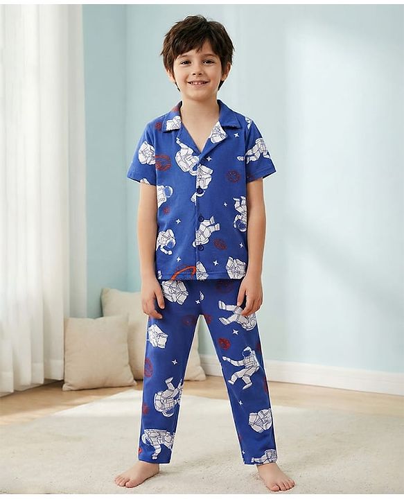 Pine Kids Single Jersey Knit Half Sleeves Night Suit with Astronaut Print - Blue