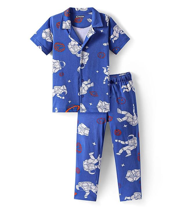 Pine Kids Single Jersey Knit Half Sleeves Night Suit with Astronaut Print - Blue