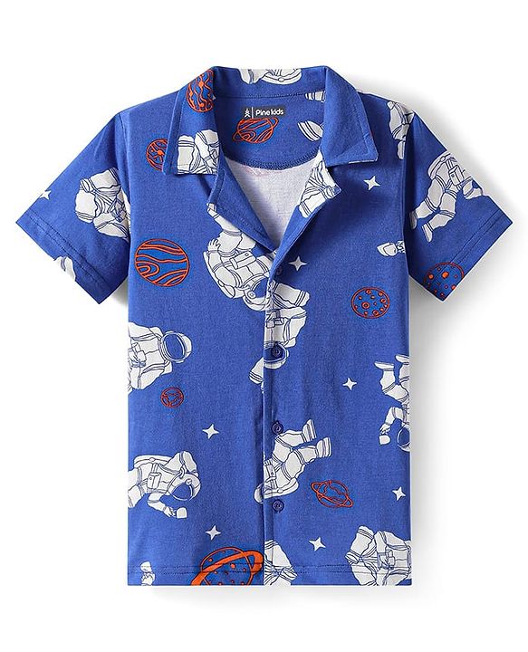 Pine Kids Single Jersey Knit Half Sleeves Night Suit with Astronaut Print - Blue
