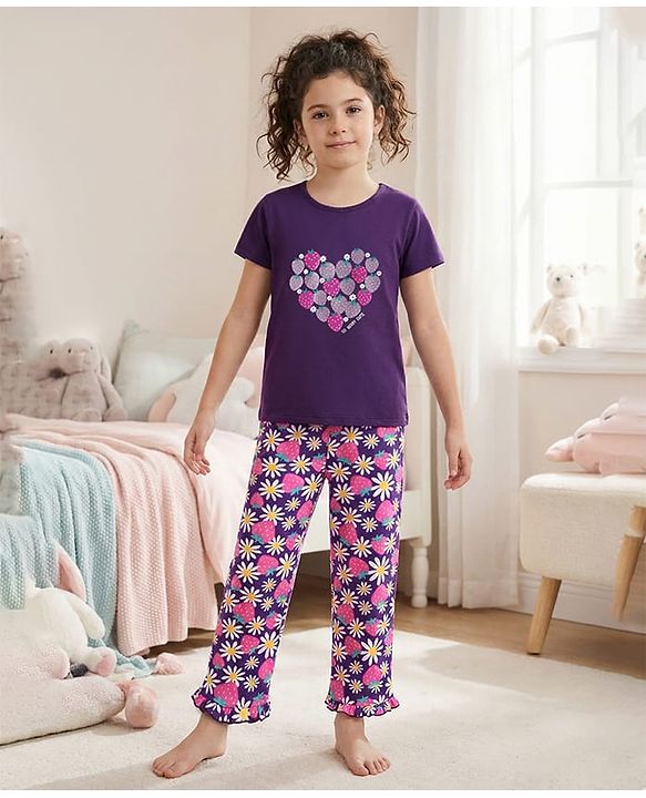Pine Kids Single Jersey Knit Half Sleeves Night Suit with Strawberry Print - Purple