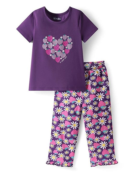 Pine Kids Single Jersey Knit Half Sleeves Night Suit with Strawberry Print - Purple