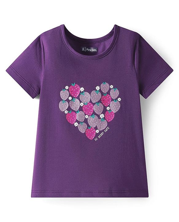 Pine Kids Single Jersey Knit Half Sleeves Night Suit with Strawberry Print - Purple