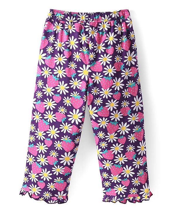 Pine Kids Single Jersey Knit Half Sleeves Night Suit with Strawberry Print - Purple