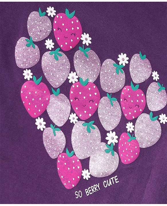 Pine Kids Single Jersey Knit Half Sleeves Night Suit with Strawberry Print - Purple