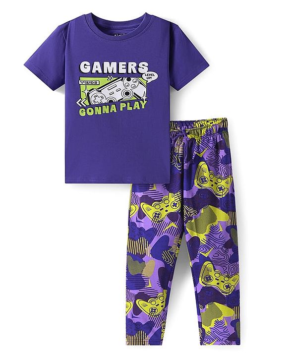 Pine Kids Single Jersey Knit Half Sleeves Night Suit with Text Print - Violet