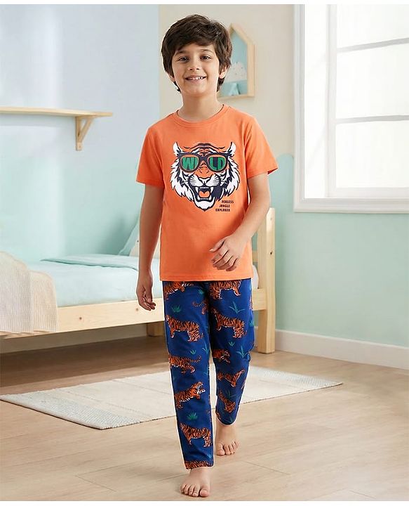 Pine Kids Single Jersey Knit Half Sleeves Night Suit with Tiger Print - Orange & Blue