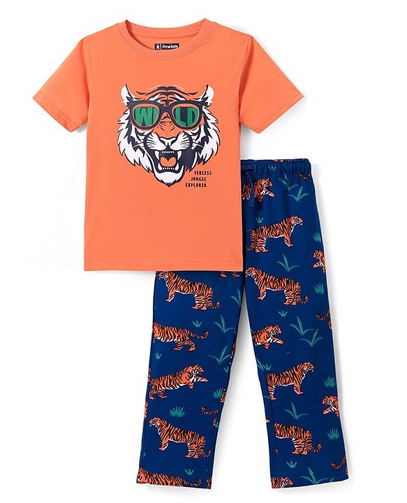 Pine Kids Single Jersey Knit Half Sleeves Night Suit with Tiger Print - Orange & Blue