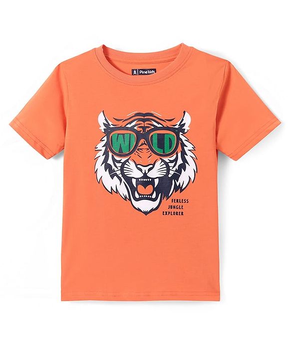Pine Kids Single Jersey Knit Half Sleeves Night Suit with Tiger Print - Orange & Blue