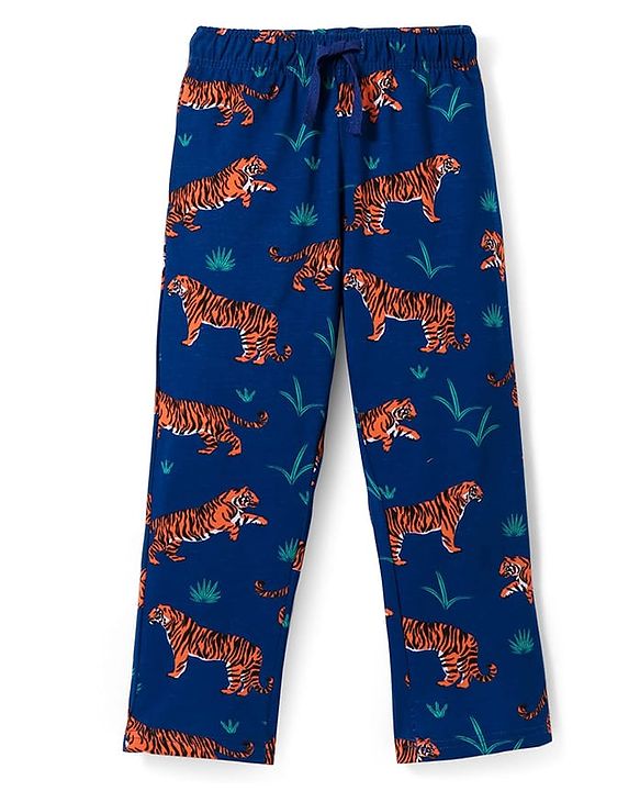 Pine Kids Single Jersey Knit Half Sleeves Night Suit with Tiger Print - Orange & Blue