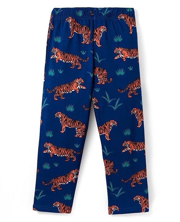 Pine Kids Single Jersey Knit Half Sleeves Night Suit with Tiger Print - Orange & Blue