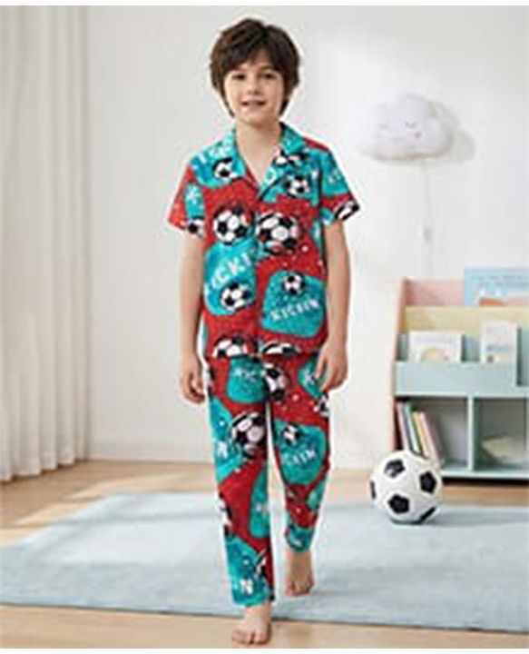 Pine Kids Single Jersey Knit Half Sleeves Night Suit with Football Print - Mint Green