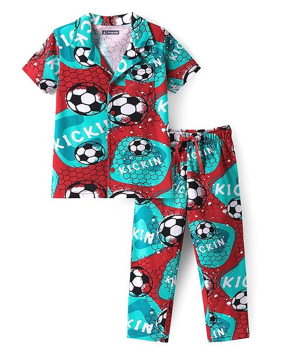 Pine Kids Single Jersey Knit Half Sleeves Night Suit with Football Print - Mint Green