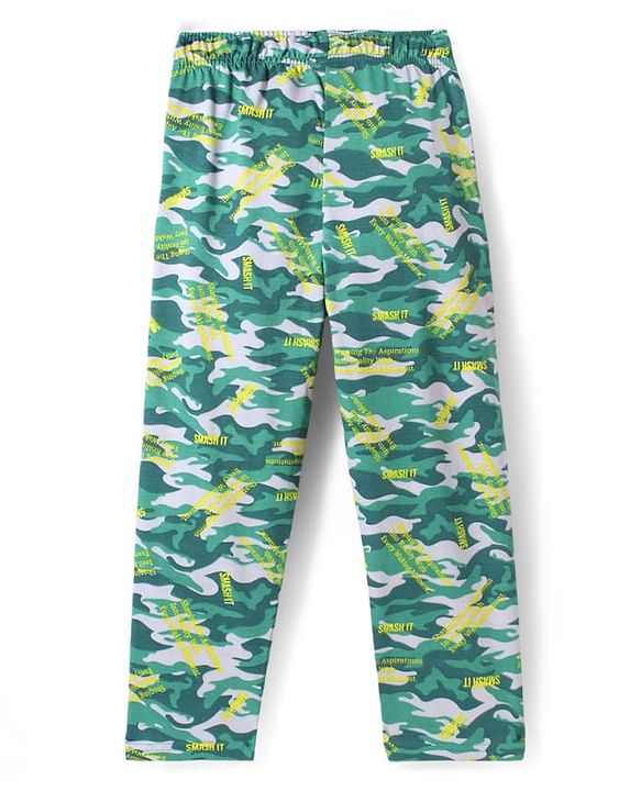 Pine Kids Single Jersey Knit Half Sleeves Night Suit with Animal & Camoflage - Dark Green