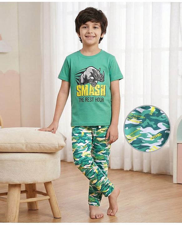 Pine Kids Single Jersey Knit Half Sleeves Night Suit with Animal & Camoflage - Dark Green