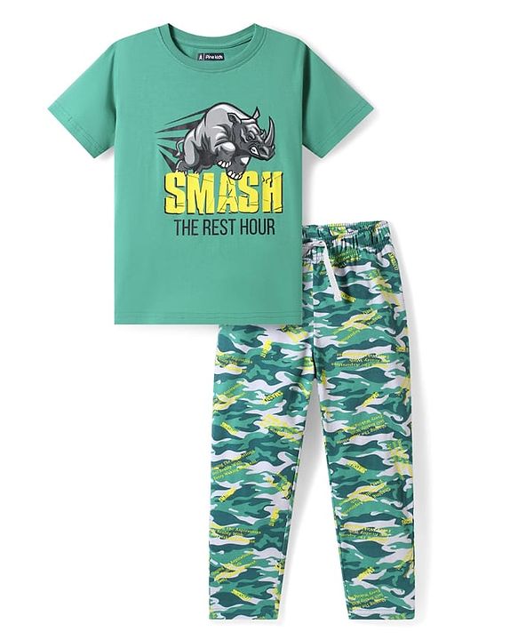 Pine Kids Single Jersey Knit Half Sleeves Night Suit with Animal & Camoflage - Dark Green