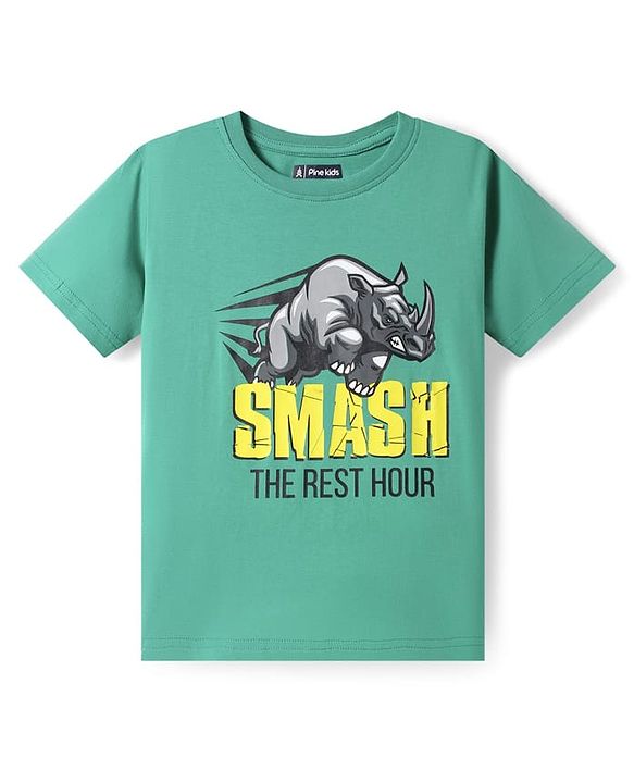 Pine Kids Single Jersey Knit Half Sleeves Night Suit with Animal & Camoflage - Dark Green