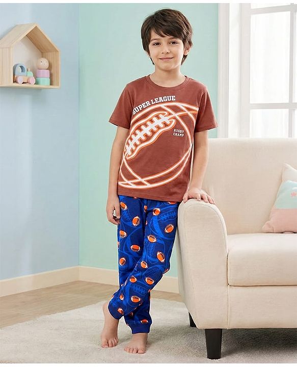 Pine Kids Single Jersey Knit Half Sleeves Night Suit with Rugby Ball Print - Navy Blue & Brown
