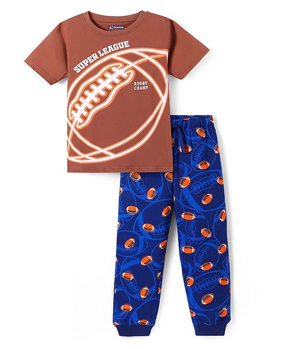 Pine Kids Single Jersey Knit Half Sleeves Night Suit with Rugby Ball Print - Navy Blue & Brown