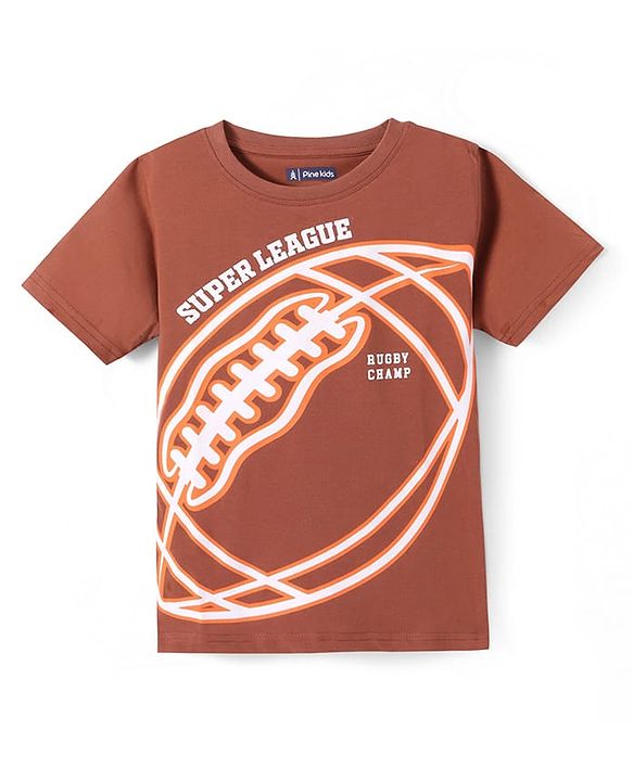 Pine Kids Single Jersey Knit Half Sleeves Night Suit with Rugby Ball Print - Navy Blue & Brown