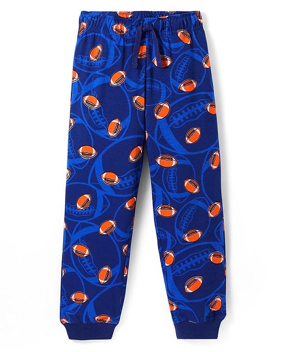 Pine Kids Single Jersey Knit Half Sleeves Night Suit with Rugby Ball Print - Navy Blue & Brown