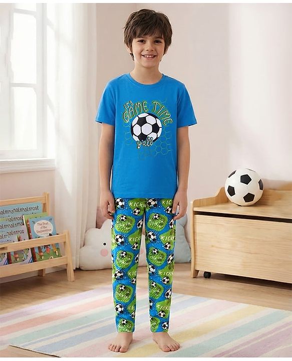 Pine Kids Single Jersey Knit Half Sleeves Night Suit with Football Print - Blue