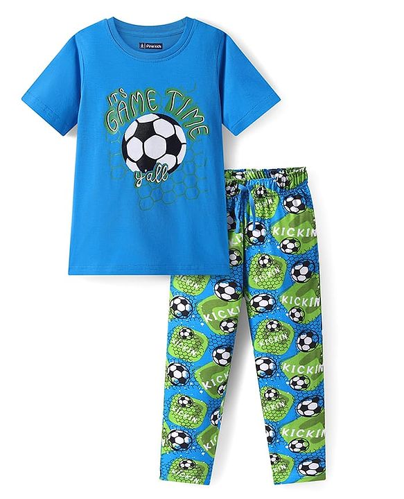 Pine Kids Single Jersey Knit Half Sleeves Night Suit with Football Print - Blue