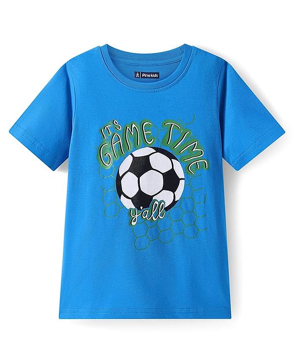 Pine Kids Single Jersey Knit Half Sleeves Night Suit with Football Print - Blue